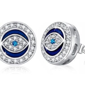 Evil Eye Round Sterling Silver Stud Earrings - New